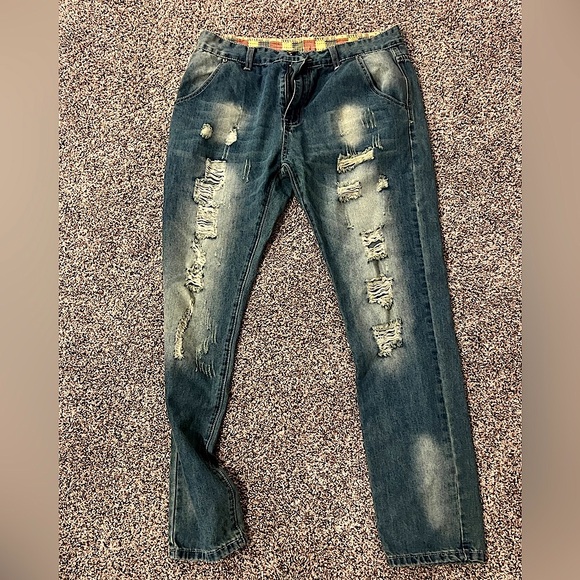 SHEIN Men's Distressed Dark Blue Skinny Jeans - Picture 1 of 6